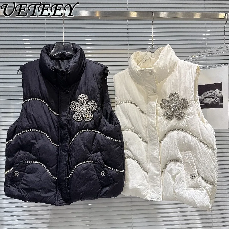 

Новый зимний теплый жилет с тяжелыми стразами и цветочными заклепками, однотонная универсальная куртка без рукавов с воротником-стойкой для женщин