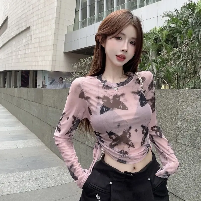 

Vintage Pink Butterfly Print Sheer Mesh Tee Women 2025 Slim Fit Cropped Long Sleeve Top Y2K Summer Blouse Breathable Daily Wear