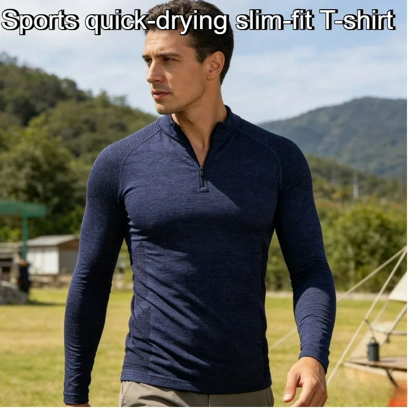 

Men's Zipper Long Sleeve Tight Breathable Fashion Outdoor Training Fitness Running Show Strength Men's Quick Drying T-shirt