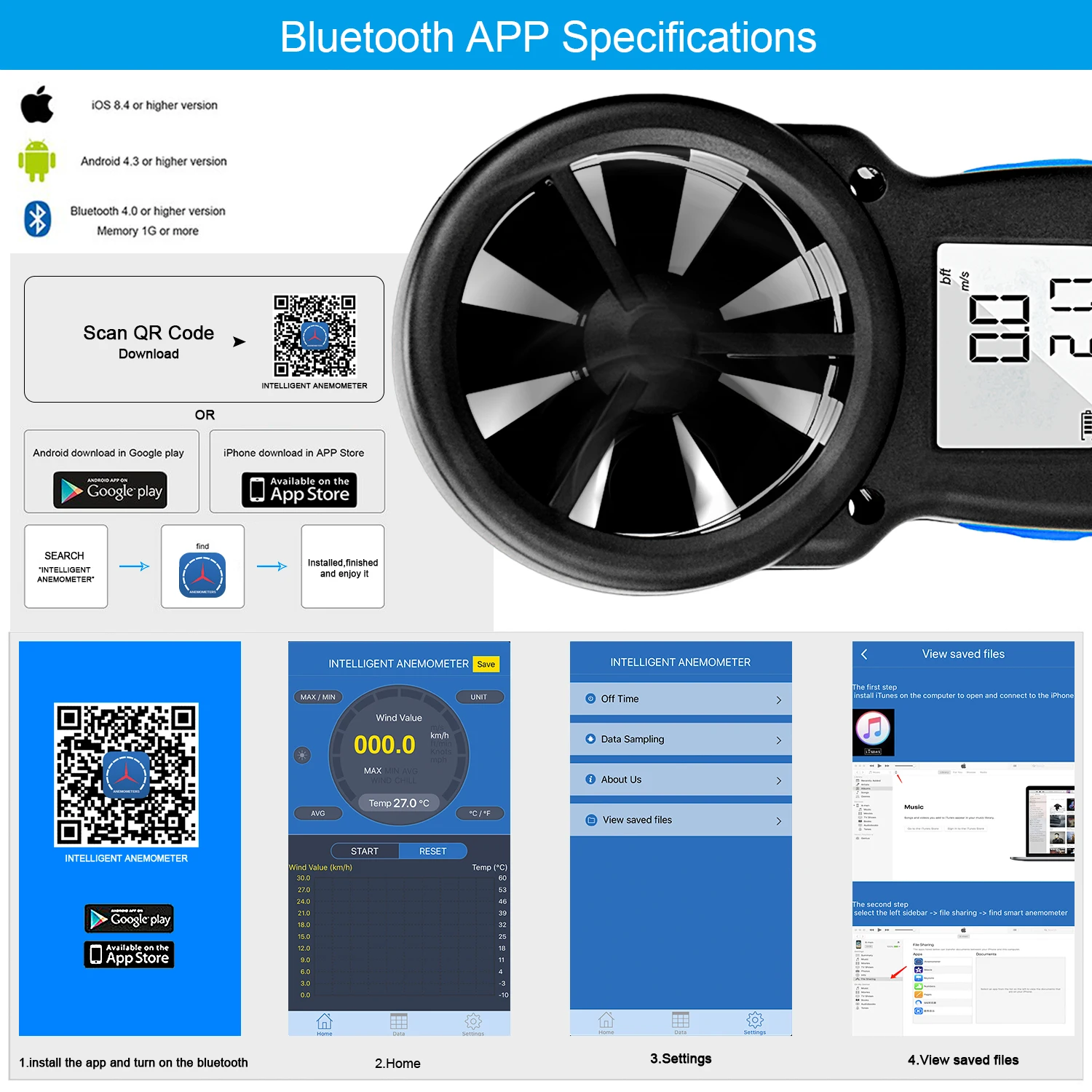 0,3 ~ 30 m/s Digitales Anemometer mit mobiler APP Windgeschwindigkeitsmessgerät Messen Sie Temperaturtester-Werkzeuge, HoldPeak HP-866B-APP