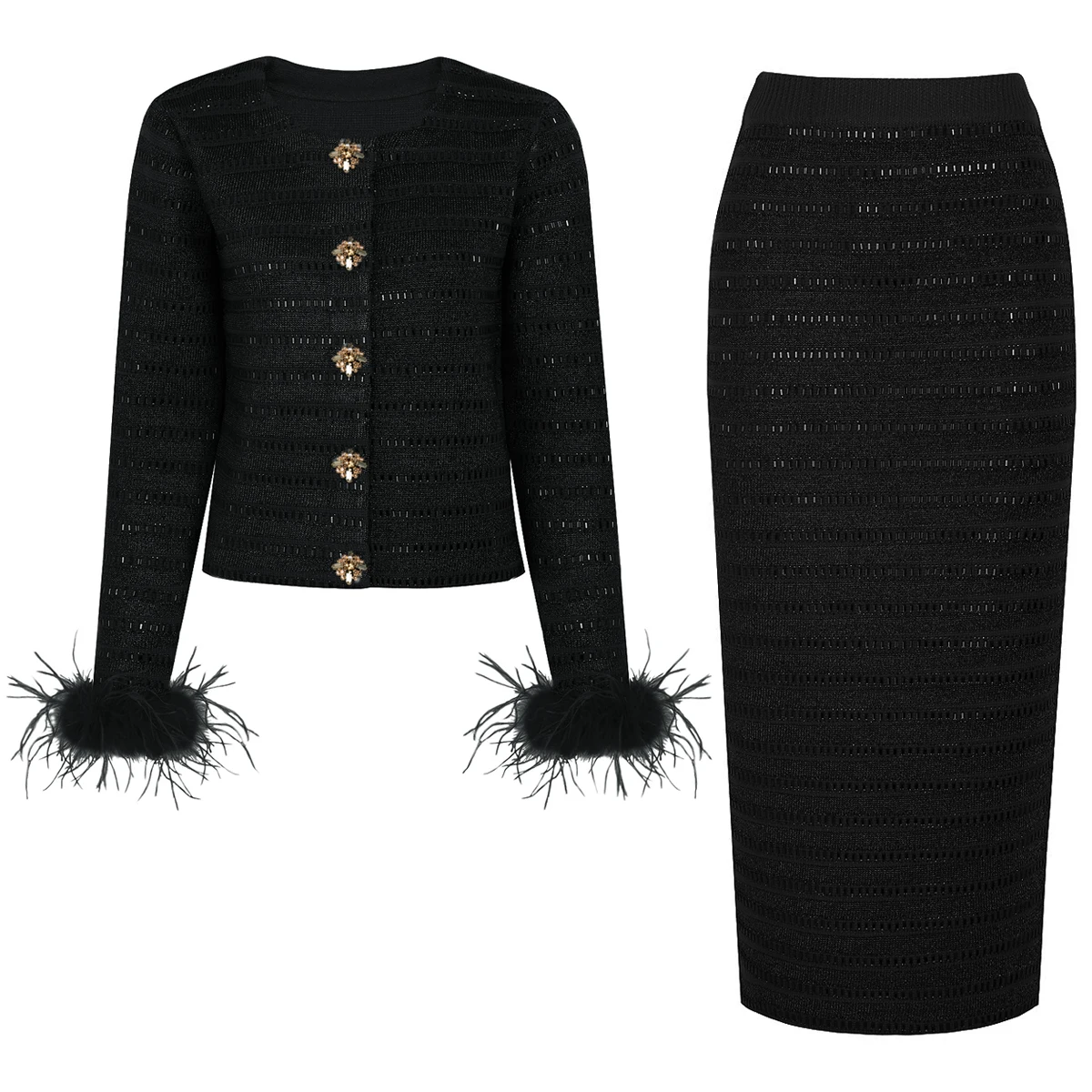 2670 Hochwertiges Frühlings- und Herbst-Set für Damen: Neuer, luxuriös verzierter Cardigan mit Strass-Details und figurbetonter Rock.