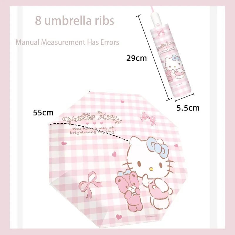 Official Sanrio Hello Kitty Folding Umbrella Black Coating Cute Pink Grid Print Auto Open Close Sun Rain Dual Use Portable Girls view 2