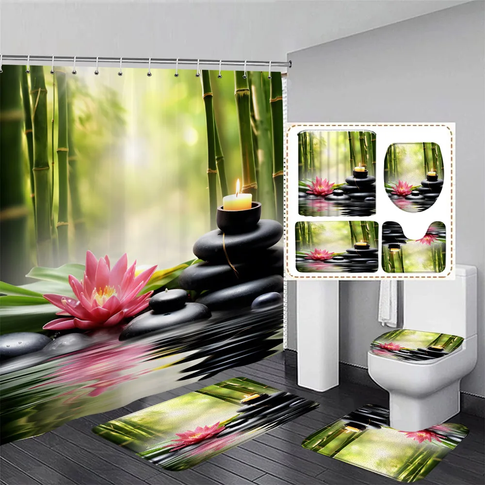 Zen Shower Curtain Set Green Bamboo Lotus Orchid Flower Spa Scenery Modern Bathroom Decor Curtains Bath Mats U-mat Toilet Cover