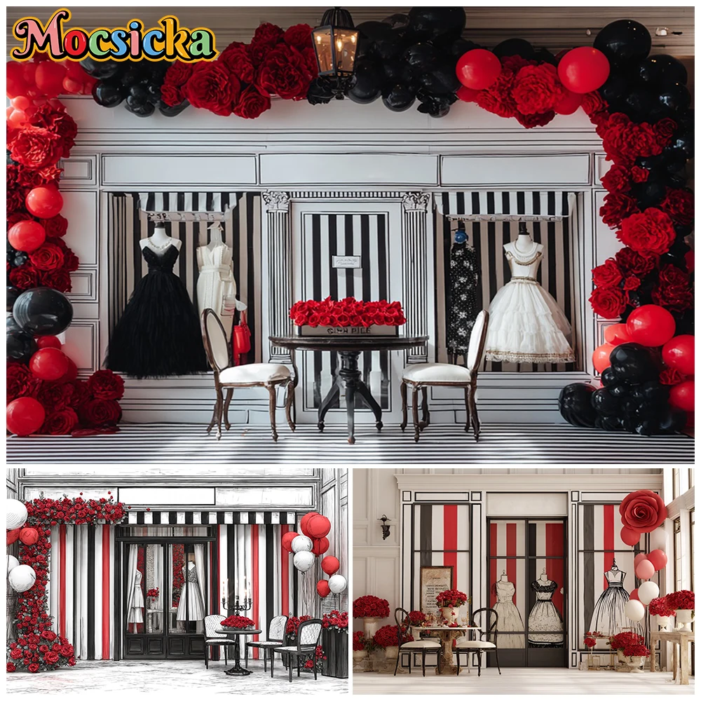 Mocsicka Black Red Fashion Wedding Photography Backdrop Striped Parisian Style Background Bride Roses Fashion Party Photo Shoots