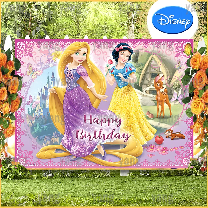 

Lovely Custom Disney Princess Castle Wedding Tangled Rapunzel Snow White Backdrop Girls Happy Birthday Party Baby Shower Banner