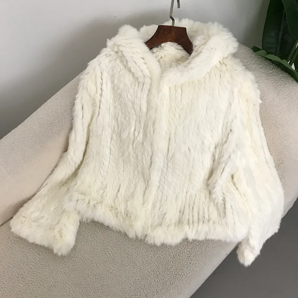 2024 Autumn and Winter New Encrypted Thickened Handmade Double-sided Woven Hooded Korean Style Short Rabbit Fur Coat for Women