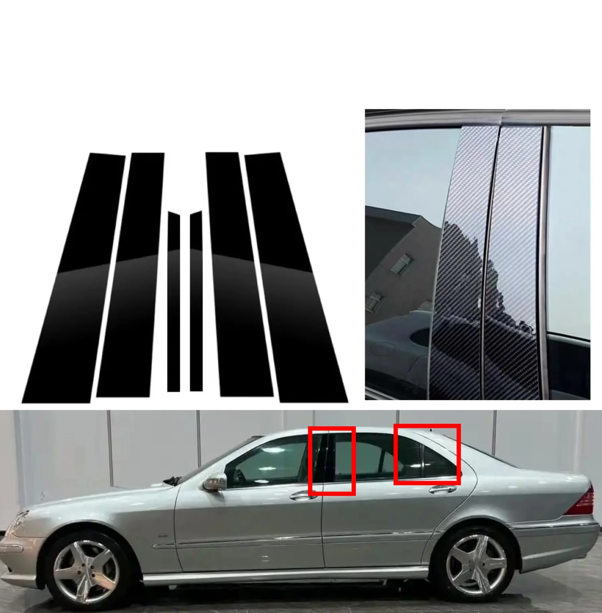 

Gloss Black Pillar Posts Silver Carbon Fit For Mercedes Benz S Class W220 1998-2005 Window Decor Door Side Mouliding Trim Cover