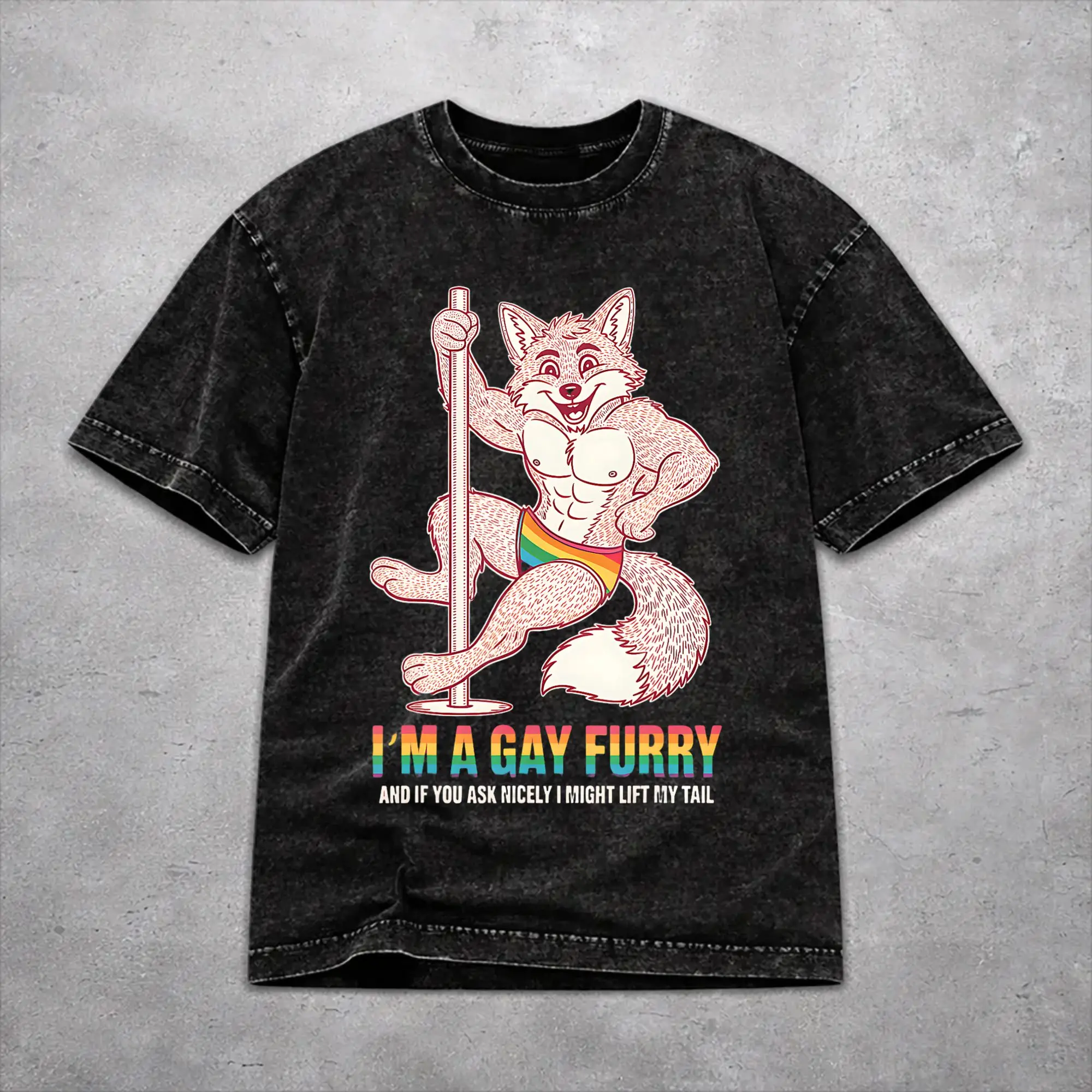 I`M A Gay Furry and If You Ask Nicely I Might Lift My Tail Washed T Shirt Streetwear Hip Hop Vintage T-Shirt  Tees for Men Women