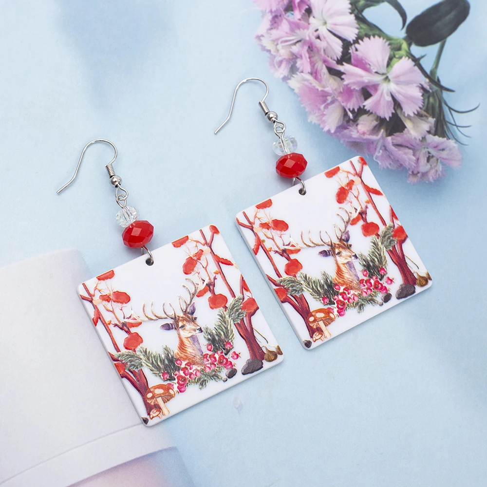 Fashion Christmas Gift Forest Elk Relievo Printing Acrylic Earrings For Women Aesthetic Color Matching Elegant Ladies Jewelry