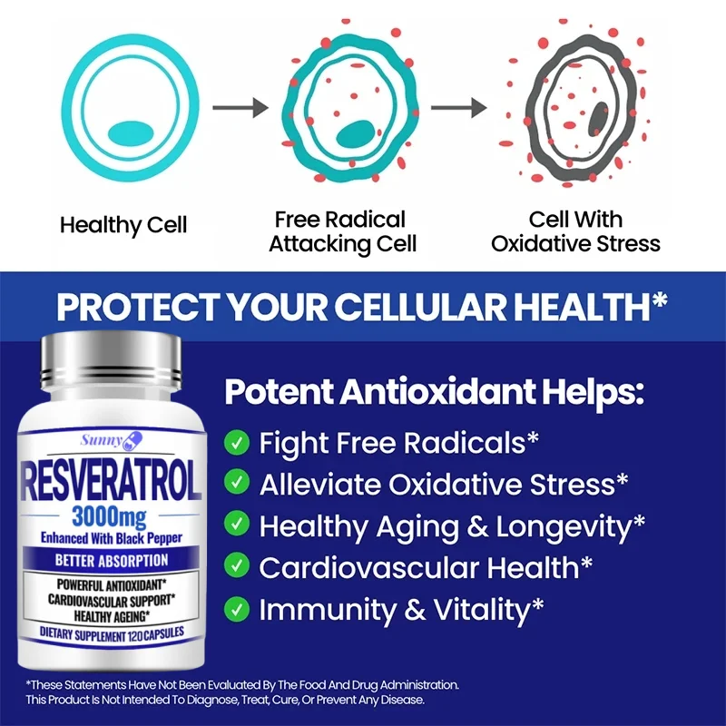 Natural Resveratrol Antioxidant Supplement - Balances Body Energy, Skin Cell Health, Improves Brain Function and Immune System