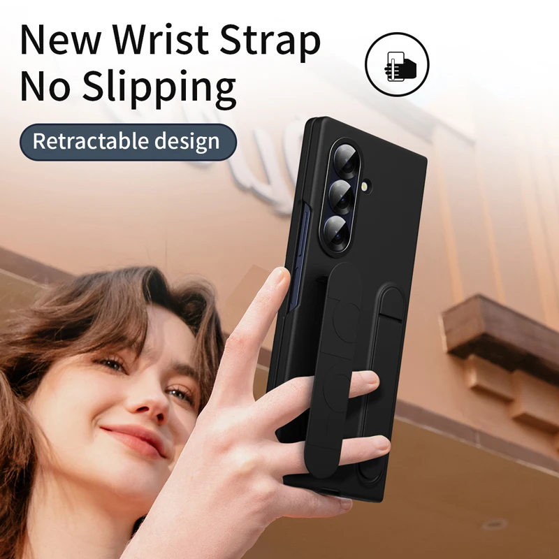 

For Samsung Galaxy Z Fold 7 Case PC Wristband Wrist Strap Kickstand Anti-fingerprint Folding Cover for Galaxy Z Fold 7