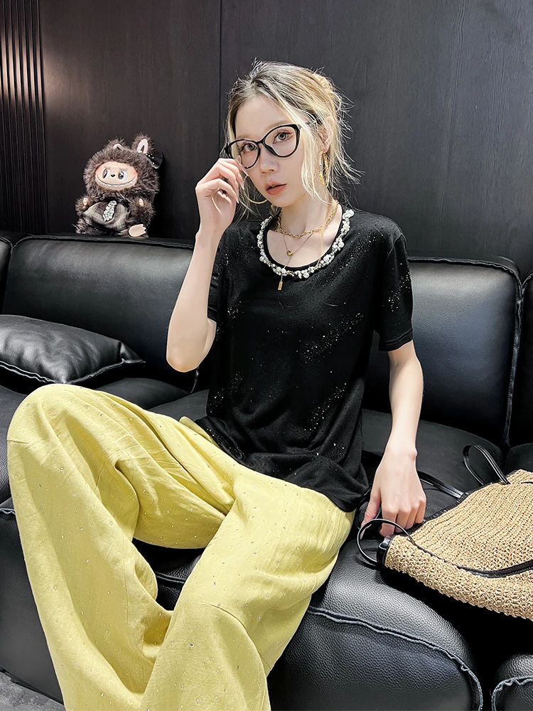 

Linen T-Shirt Women's round Neck Beaded Diamond Fashion Casual Top Spring 2026 DZBM Brand Short Sleeve Chinese Production