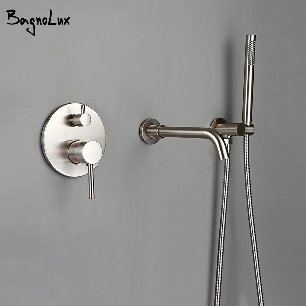 Bathtub Mixer Tap Set Shower Hot And Cold Bathroom Faucet Brushed Stanless Steel Diverter With Wall Mount Spout Handheld Hose