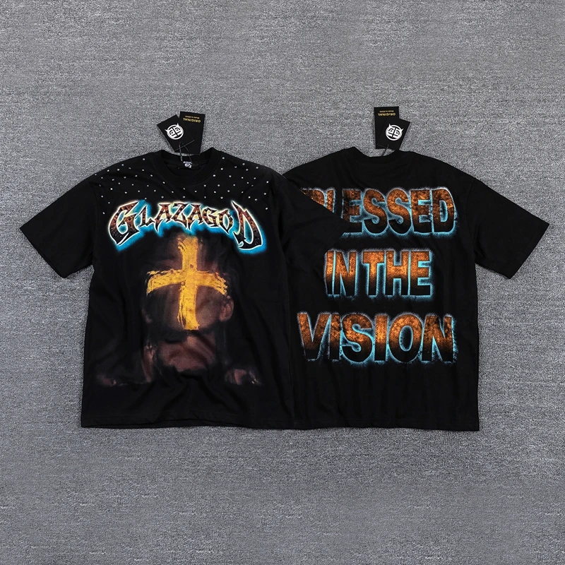 Streetwear-Mode Strass-Figuren-Grafik T-Shirt für Männer und Frauen, Übergroße Schwarze Gewaschene T-Shirts mit Schriftzug-Druck, Freizeitkleidung – Detail 3