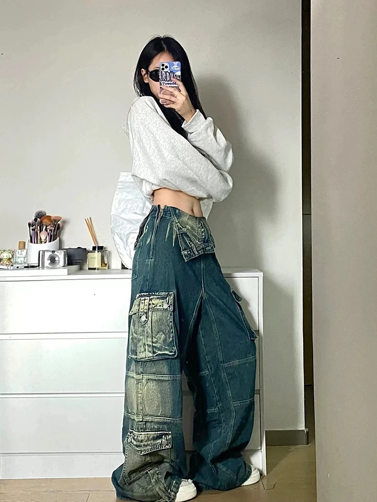 2023 Autumn American Retro Baggy Pockets Washed Blue Cargo Pants Casual Streetwear High Waist Trousers 2000s Aesthetic Harajuku