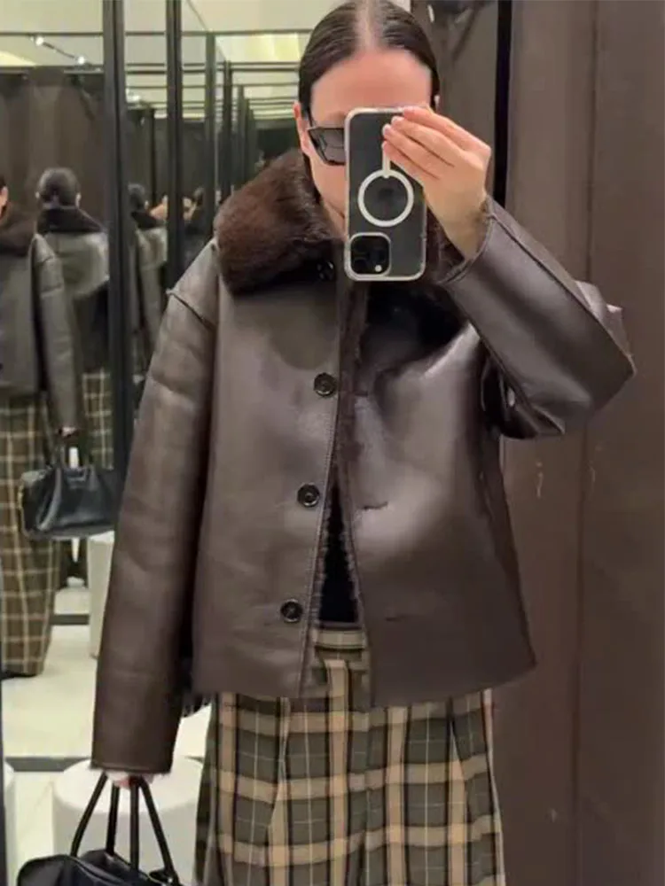 HH Women Reversible Faux Leather Lapel Single-Breasted Pocket Decoration Jacket Female Fashion Slim Long Sleeves Loose Warm Coat