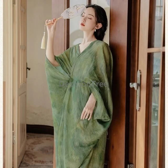 Elegant Chinese style Hanfu Dress Tie-dye Effect Green Printed Loose Robe With undear dress Fairy Women Summer Daily Dress Set view 3