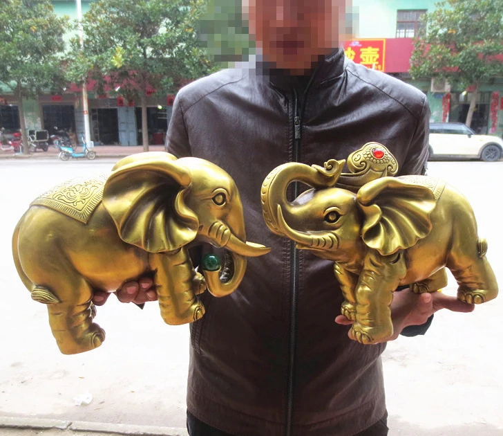 A pair --LARGE -HOME office SHOP Business ART Money Drawing GOOD LUCK Mascot # India Thailand FU Elephant FENG SHUI Brass statue