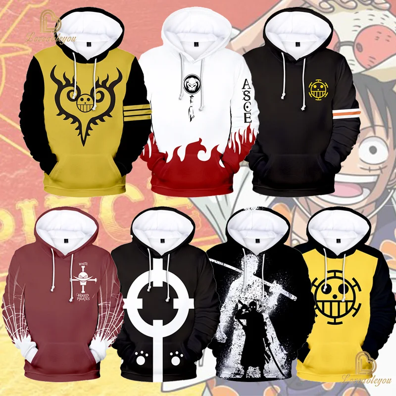 Anime One Piece Hoodies Casual Luffy Ace Law Zoro Luffy 3D Printed Streetwear Men Sweatshirts Hooded Pullover Women Costume