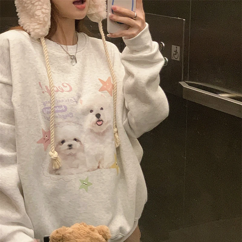 Korean Original Cute Stars Dog Print Y2K Hoodies O-neck Sweatshirt Fashion Winter Warm Fleece Pullover Loose Harajuku Streetwear