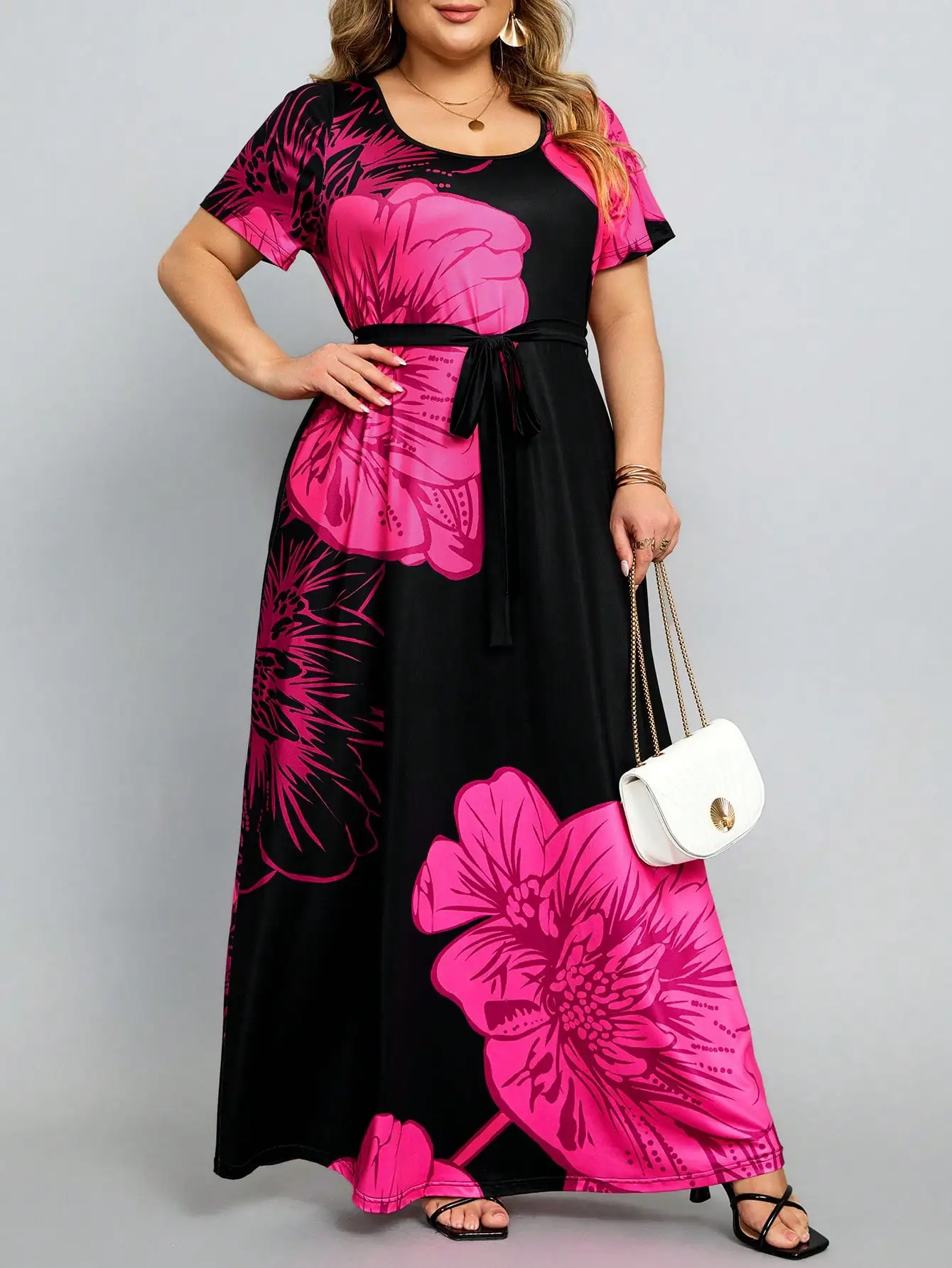 Vestido estampado casual de cintura alta feminino, solto, flores digitais, verão