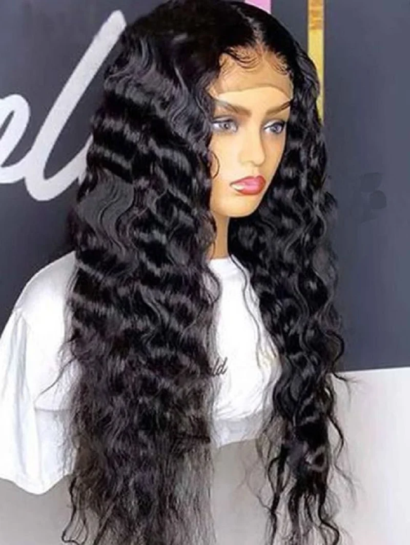 Perruque Lace Front Wig bouclée noire sans colle, 26 pouces, cheveux de bébé, pre-plucked, densité 180%, deep wave, pour femmes noires, 03/Cosplay