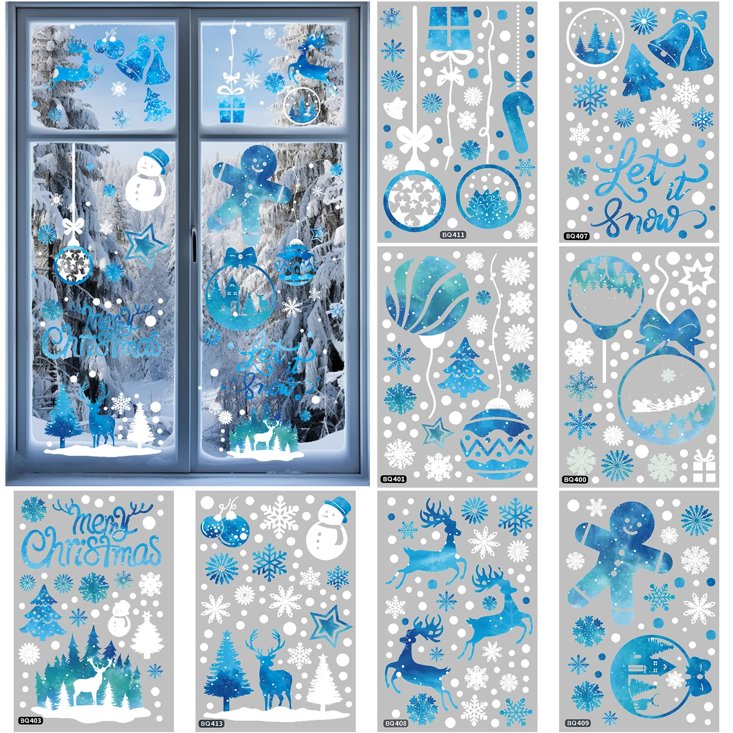 8PCS Christmas Snowflakes Electrostatic Window Clings Winter Wonderland Decal Stickers Santa Claus Window Decals Xmas Home Decor