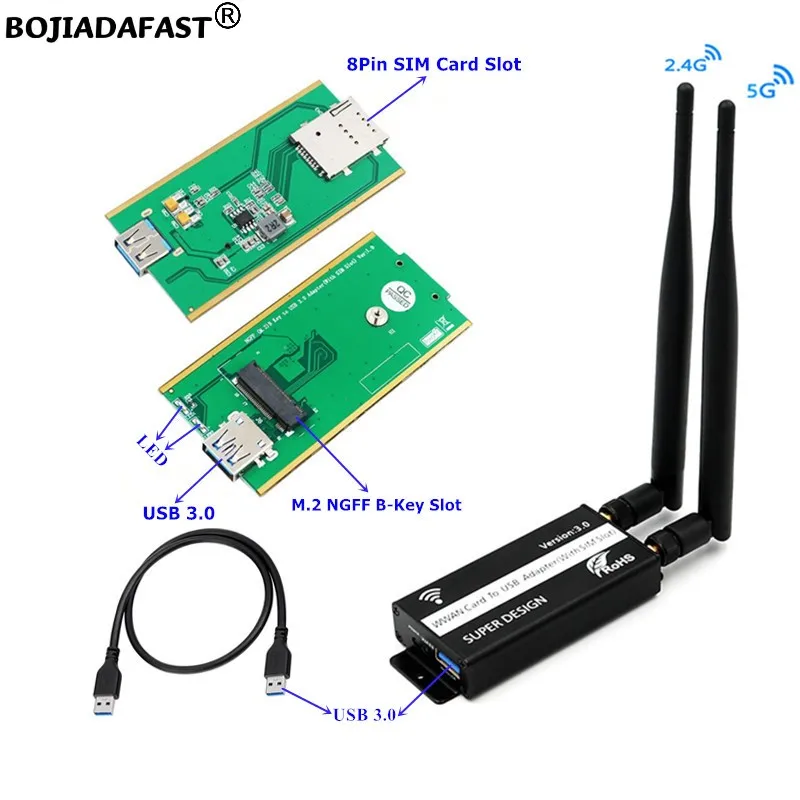 

USB 3.0 Port to NGFF M.2 B-Key Wireless Adapter 1 SIM Card Slot With 2 Antennas & Case For 3G 4G WWAN LTE Module GSM Modem