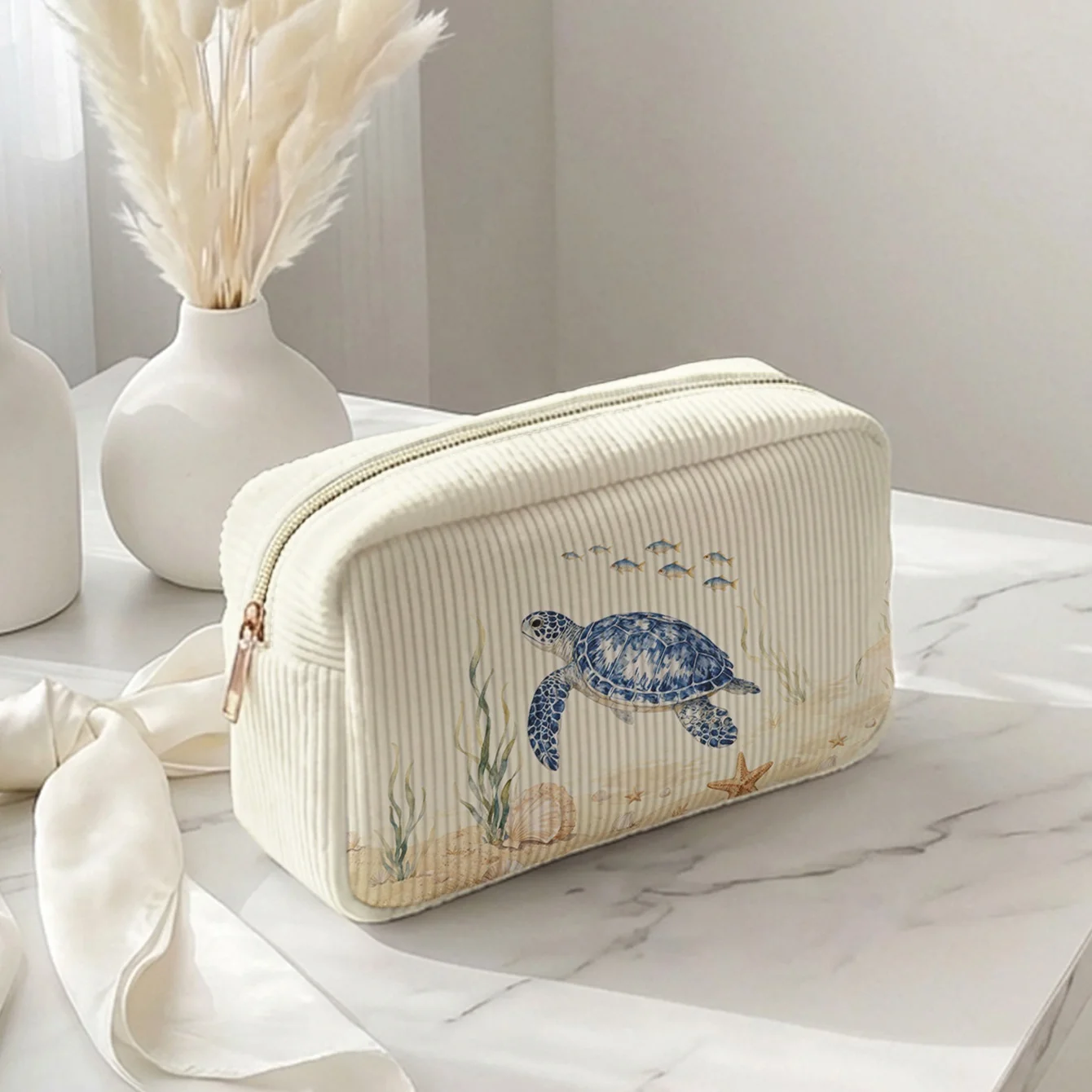 Watercolor Sea Turtle Cosmetic Bag Corduroy Beach Starfish Seashell Print Zipper Pouch Travel Makeup Storage Bag