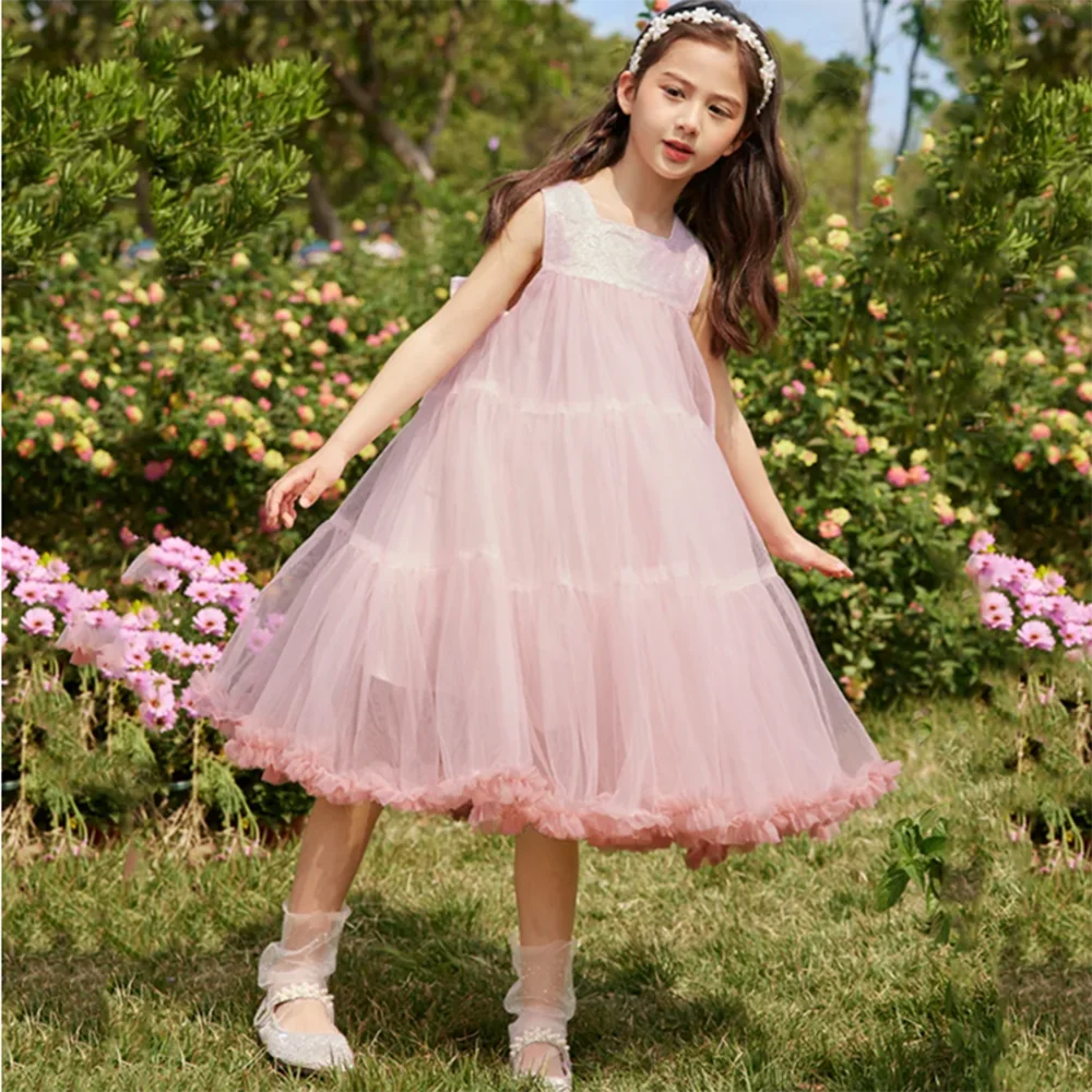 Elegant Pink Princess Dresses for Girls O-Neck Tea Length Ball Gowns Bow Pretty Tulle Cute High Quality Flower Girl Dresses