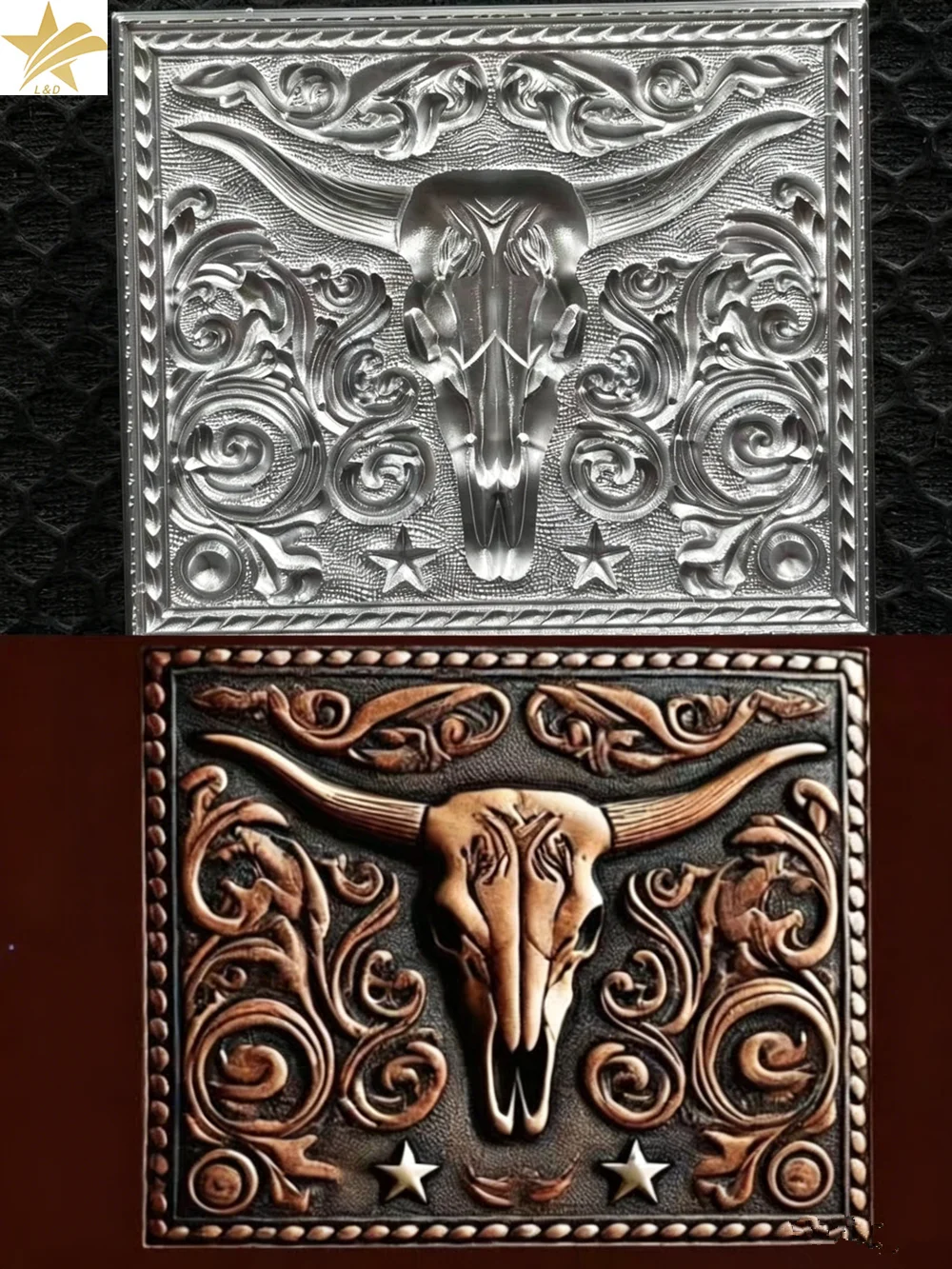 

2pcs Female and Male 3D Bull Skull Leather Embossing Stamp Metal Stamping Mold Hydraulic Press Tool for Leathercraft Carving