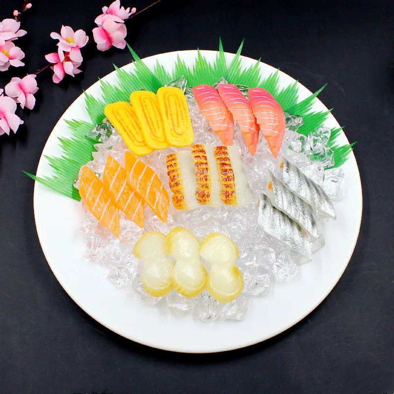 Plato de comida japonesa Sashimi, almeja ártica de salmón, pulpo, Anguila, modelo de comida simulada, Mini juguetes, accesorios de fotografía, decoración divertida, regalo