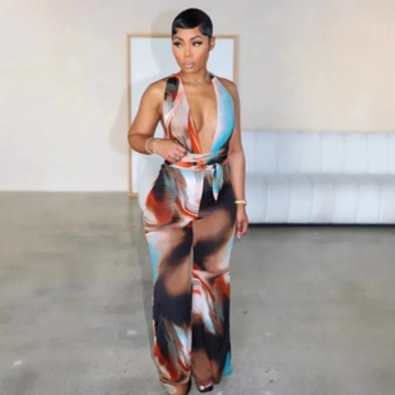 

Sexy Print Tie Dye Bandage Jumpsuit Women Halter One Pieces Rompers Casual Long Pants Jumpsuit Clubwear