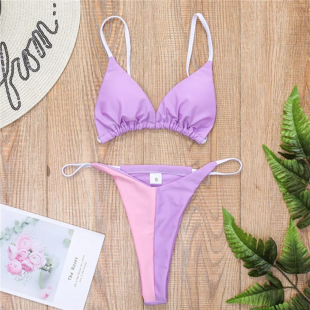 Purple Sling Bikini Splicing Swimsuit Y2K Women Backless String Triangle Swimwear Two Piece Micro Tangas Brazil Beach Bath Suits