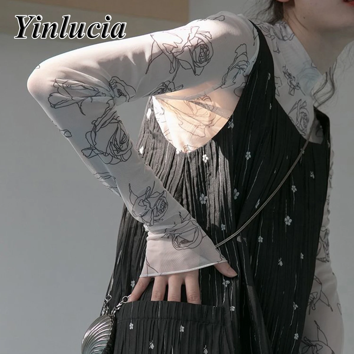Rose Line Printed Tee Elastic Slim Tops Women Blouses Sexy Mesh Thin Base Shirt Blouse Hot Babes Pullover Y2K Street Wear New