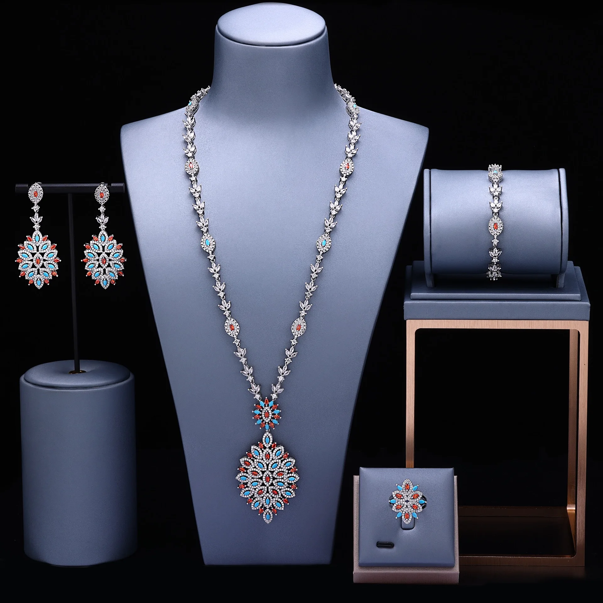 

EYER Luxury Saudi Arabia 4pcs Bridal AAA Colourful Zircon Long Necklace Earrings Set For Women Wedding Party Jewelry Sets