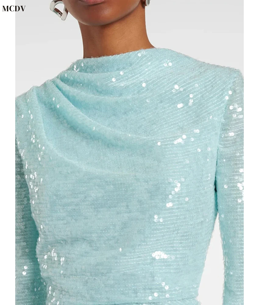 MCDV Customized Graceful Sequined Straight Evening Dress High Quality O-neck Long Sleeves Floor Length After Party Dress