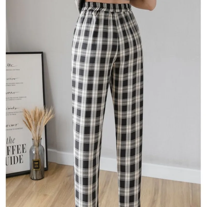 Women's Spring Summer Button High Waisted Pockets Plaid Casual Fashion Clothing Straight Trousers Contrast Color Korean Pants