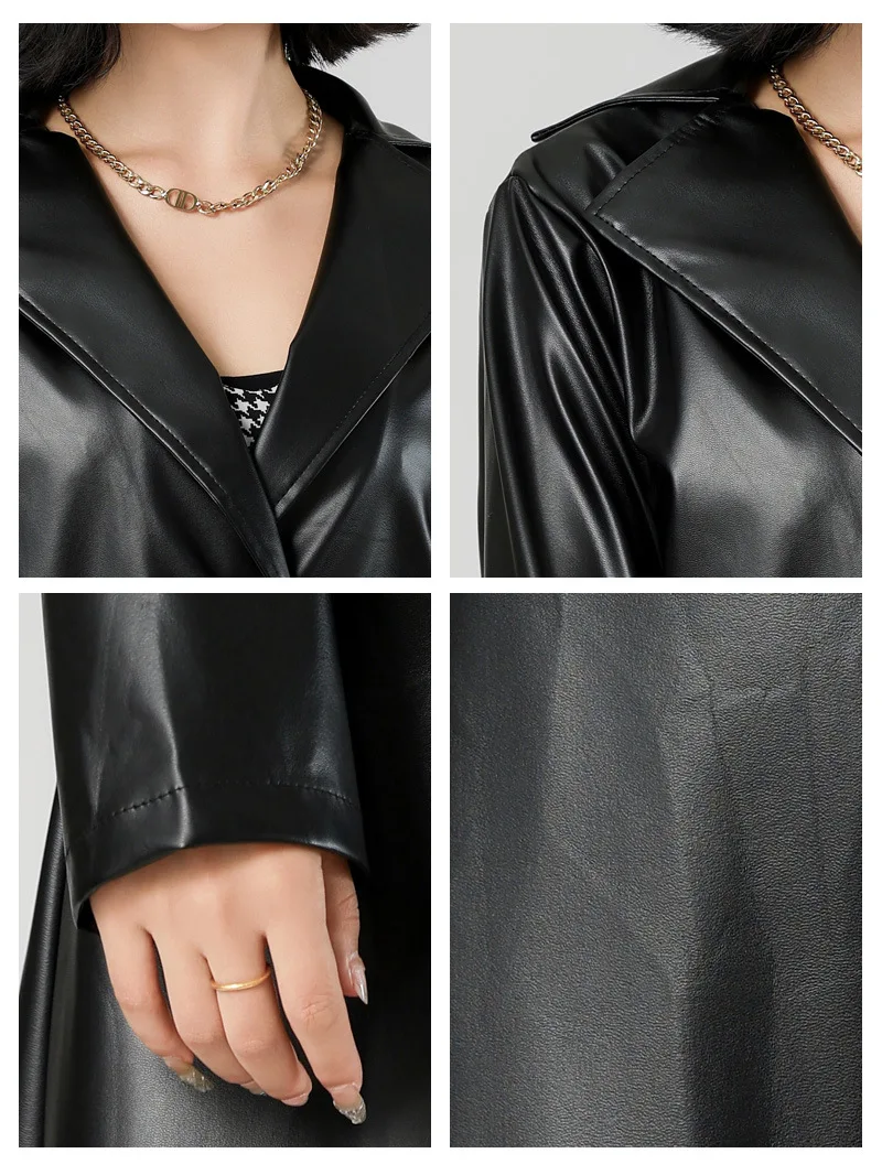 2025 Albornoz extendido rompevientos primavera y otoño moda chaqueta de cuero para mujer abrigo de cuero nuevo estilo para mujer