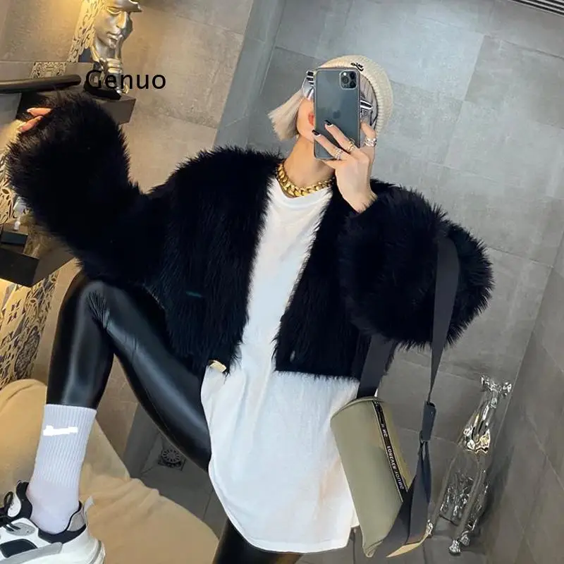 Donne Fluffy Faux Fur maglione corto Cardigan Lady Furry giacca di pelliccia finta lungo peluche Pullover cappotti di pelliccia artificiale capispalla