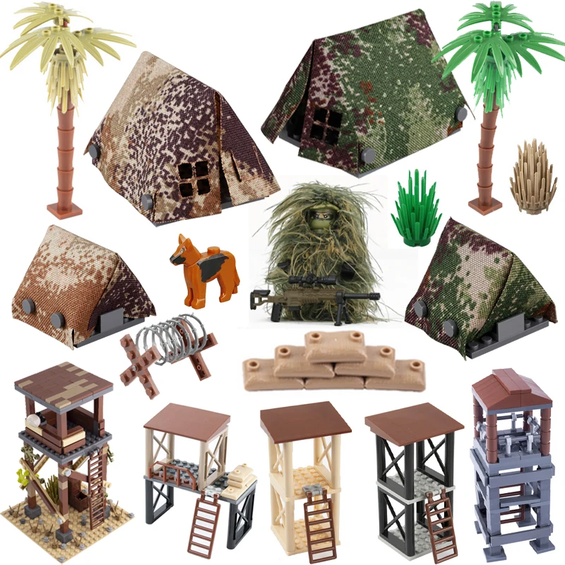 MOC Modern Military Camp Fabric Tent Building Blocks Army Sentry Oil Drum Barricade Camouflage Coat Soldier Weapons Bricks Toys