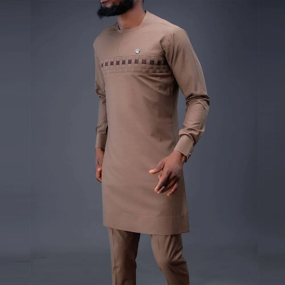 Dashiki afrikanische Männer Kleidung Langarm Rundhals ausschnitt geometrische Panel Shirt und Hose 2-teilige Sets Hochzeits feier elegante Männer Anzug – Detail 5