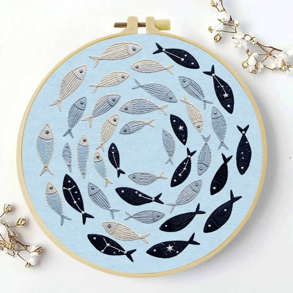 1 Stück 20x20 cm/15x15 cm 7,87/6,3 Zoll Fisch-Stickerei-Starter-Kit DIY-Kit DIY-Stickerei-Set für Anfänger – Detail 1