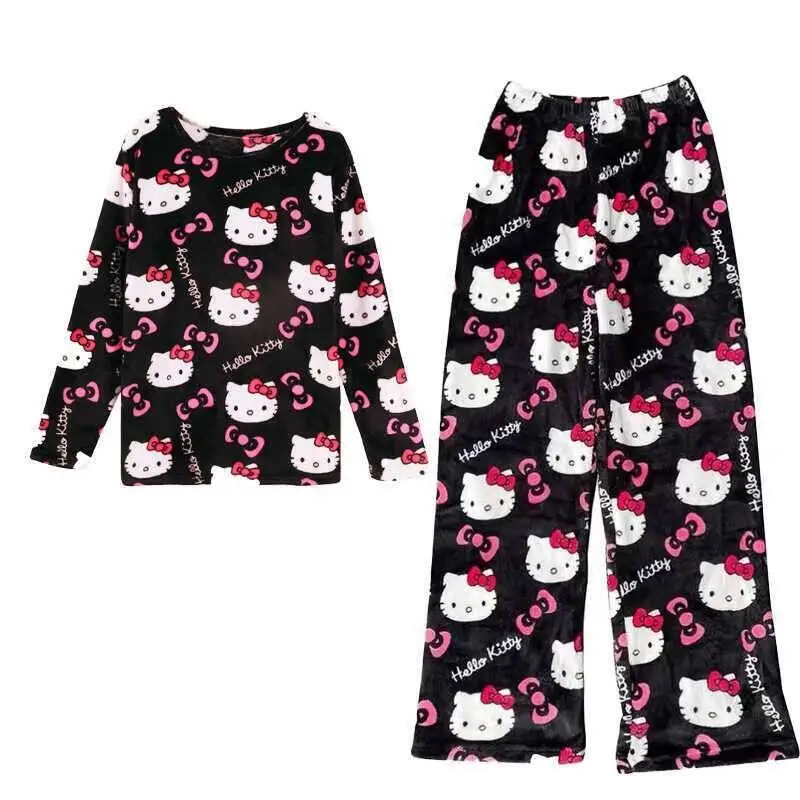 Popular Hello Kitty Autumn Winter Thickened Flannel Long-Sleeved Pajamas Warm Outer Wear Home Clothes for Women Two-Piece Cute