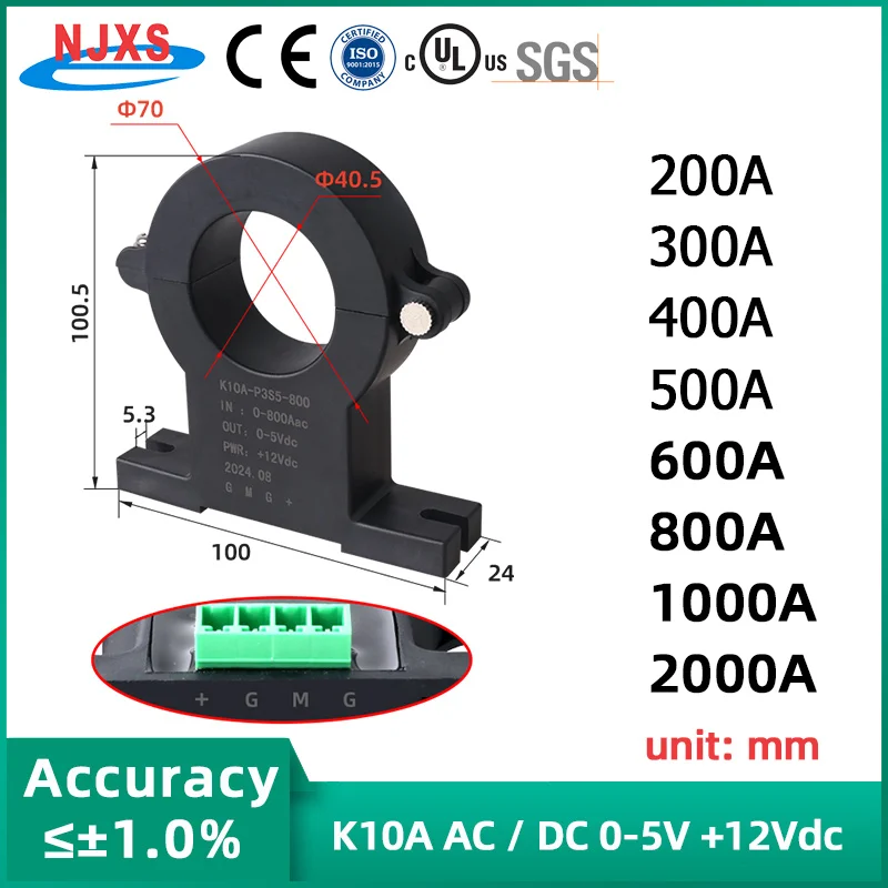 

NJXSE K10A-P3S5 Датчик тока Холла DC 200A 400A 500A 800A 1000A 2000A / DC 0-5V Мощность +12Vdc Заводской датчик тока с разделенным сердечником
