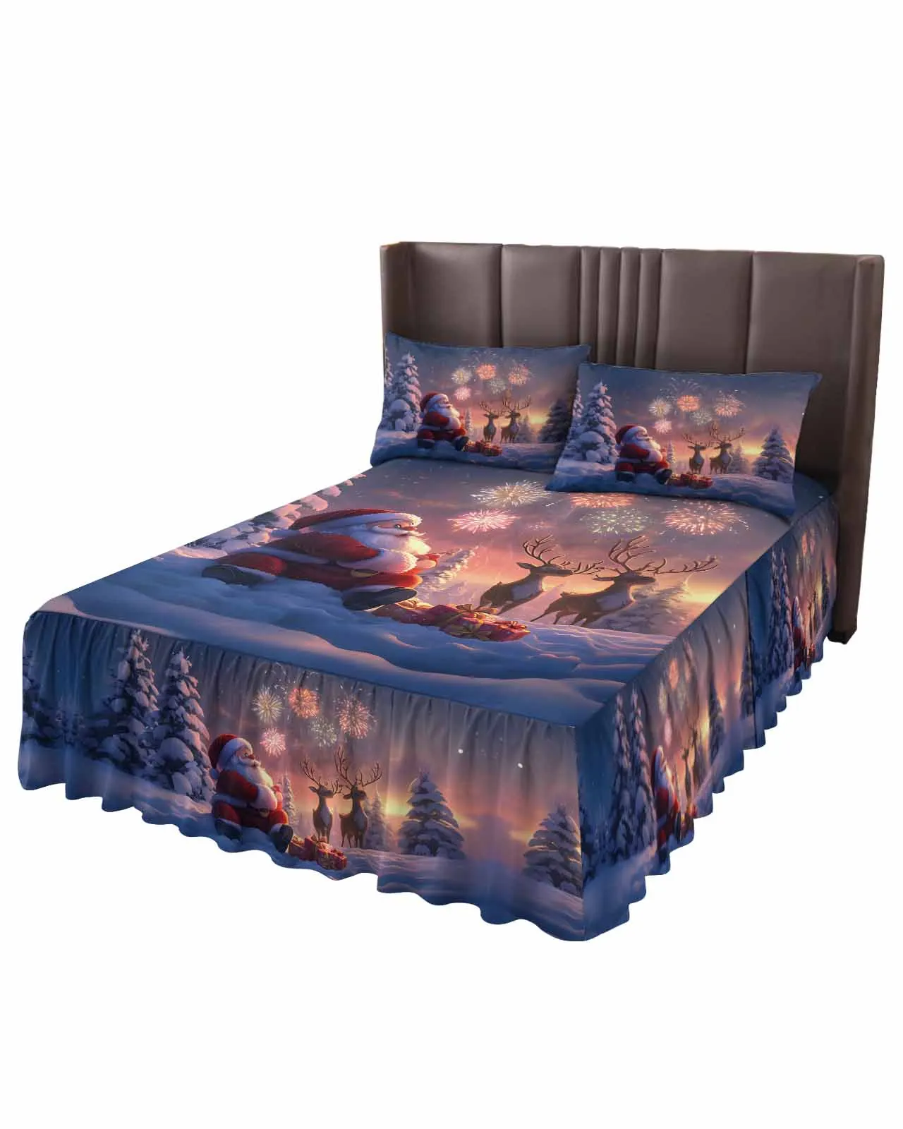 Christmas Old Man Reindeer Skirt Elastic Fitted Bedspread With Pillowcases Mattress Cover Bedding Set Bed Sheet