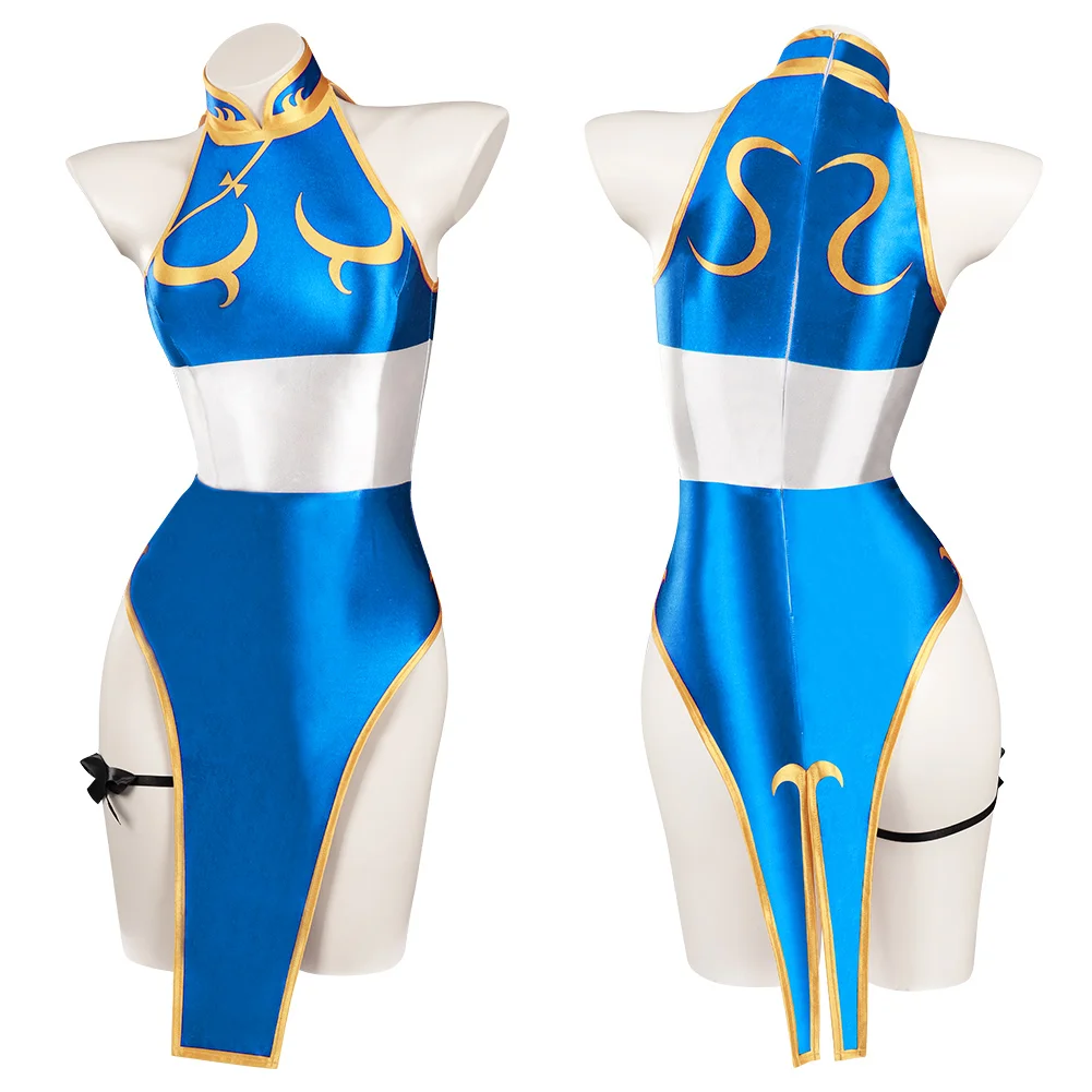 Chun Li Cosplay Swimsuit Female Costume Dress Halloween Game SF Role Play Blue Skirts Outfit Women Full Set Party Disguise Suit