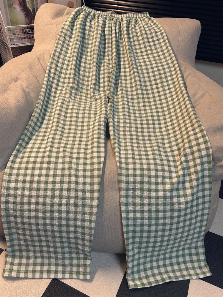 Extended Plaid Sleepwear Pants Women's Thin Casual Loose Long Home Pants Comfortable Breathable Polyester Fiber Summer Wear