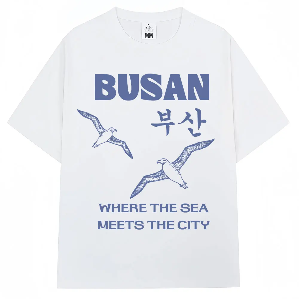 Korean Style Busan Seagull Graphic T Shirts Men Women Harajuku Fashion 90s Vintage T-shirt Cotton Oversized Casual T Shirt Gifts