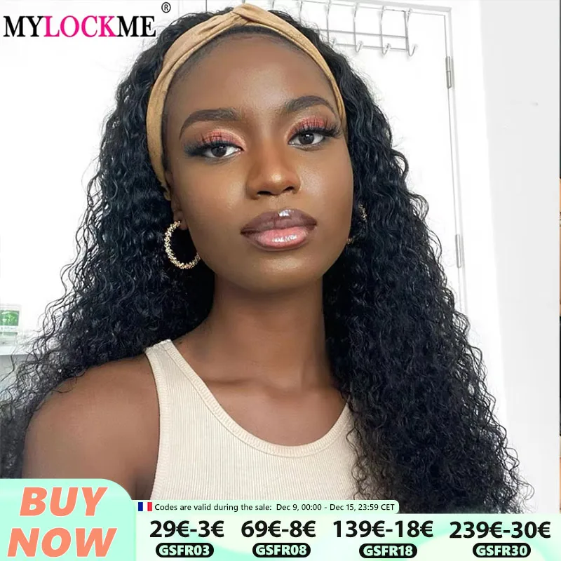 Mylockme Short Curly Wigs Headband Brazilian Human Natural Hair Women Non Lace Wigs Cheap Human Hair 40CM Full Machine Made Wig